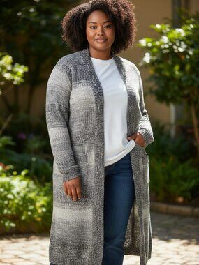 Westport Women Open Front Cardigan Sweater Grey/White Striped XL -A100